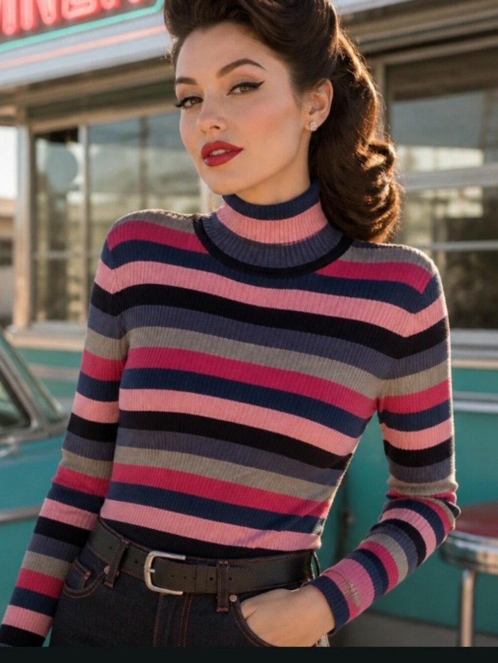 Spiegel Striped Ribbed Turtleneck Sweater in Pink, Navy & Gray